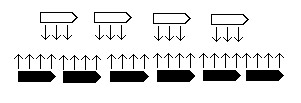 The diagram shows two sets of ships parallel to each other.  The first row has four white ships, and the second row has five black ships.  Arrows from the white ships point down toward the black ships, and arrows from the black ship point up toward the white ships.